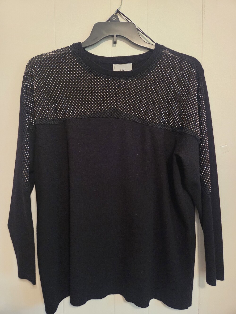 LIV Milano Black Crewneck Sweater with Mesh Yoke and Sparkles
